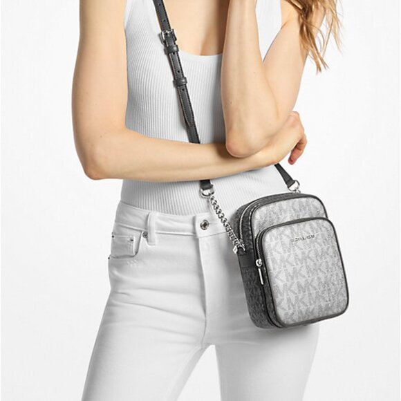 Michael Kors Jet Set Medium Silver Metallic Signature Logo Crossbody Bag Boxed - Picture 3 of 9